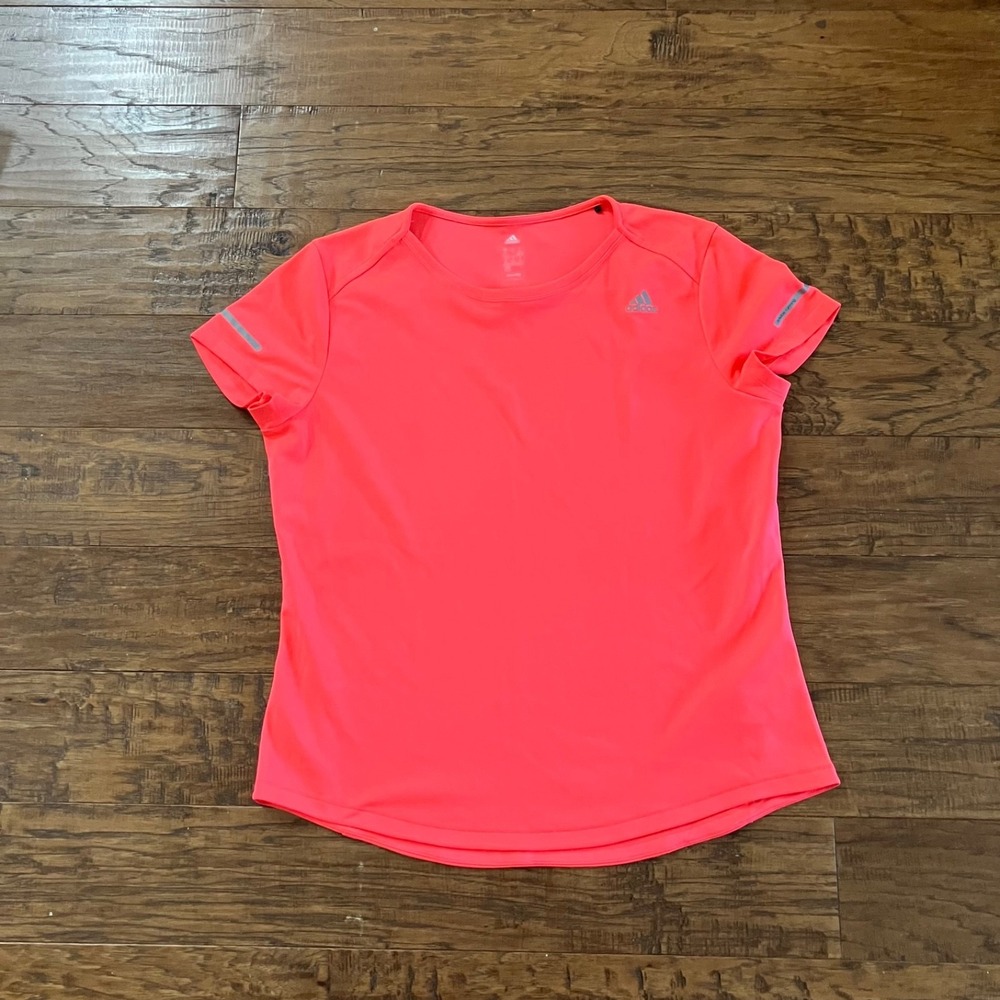 Adidas Womens XL Running Climalite Coral Short Sleeve Shirt Neon Pink/Orange - Picture 2 of 15